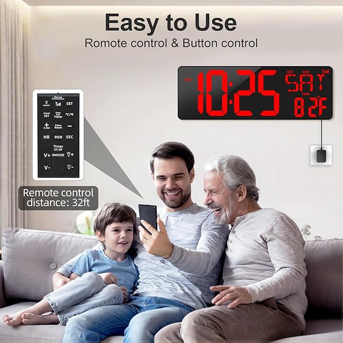 XREXS 17.2" Large Digital Wall Clock Bluetooth Sync Time, Precise Atomic Clocks with Remote Control, Adjustable Dimmer Grandfather Clock, Temperature for Bedroom, Desk Alarm Clock for Elderly