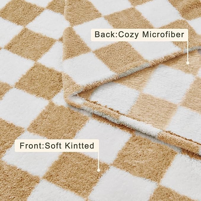 EMME Checkered Blanket Twin Size - 60"x80" Beige Knit Blanket Soft Fluffy Patterned Throw Blankets for Couch, Sofa, Chair, Bed, Camping, Picnic, Travel