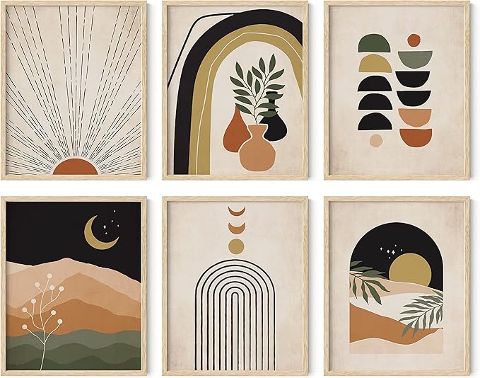HAUS AND HUES Boho Prints Neutral Wall Art - Set of 6 Boho Mid Century Modern Wall Art, Aesthetic Prints for Wall Decor and Mid-Century Modern Artwork (Beige Frame, 8x10)