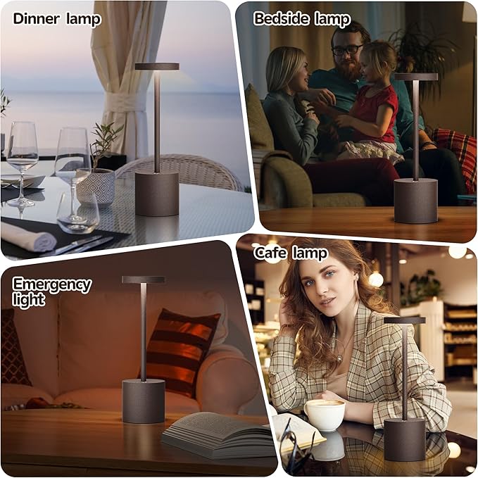 2Pack Cordless Table Lamp, Rechargeable LED Battery 5000mAh Metal USB Portable Powered Desk Lamp, 3 Levels Brightness Light for Restaurants Outdoor (2pack 10.25in ferrugino)