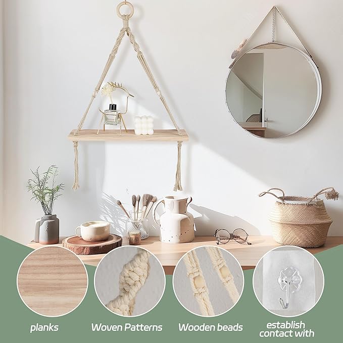HOSROOME Boho Macrame Hanging Shelves with Floating Design, Perfect for Bedroom, Living Room, Bathroom or Nursery Wall Shelves, White
