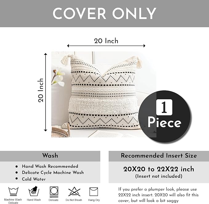Decorative Throw Pillow Cover 20x20 Square Boho Black Neutral White Accent Pillowcase Tassels Farmhouse Cushion for Couch Sofa Bedroom Living Room Home Décor (Cover ONLY, Pack of 1)