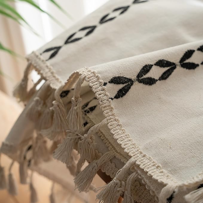 Sutuo Home Boho Farmhouse Curtains 72 Inches Long for Living Room Bedroom Bohemian House Drapes Country Style, Textured Stripe Embroidery Privacy, White and Black 1 Panel W52 x L72