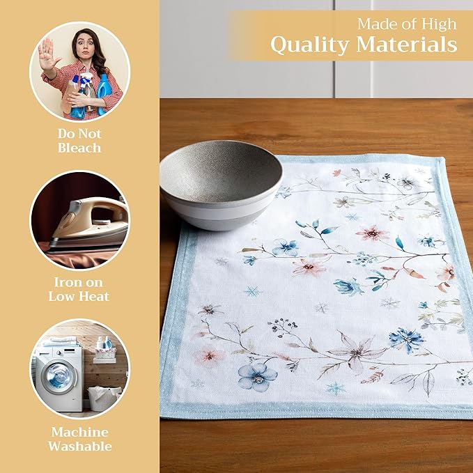Maison d' Hermine Placemats Set of 4 100% Cotton Washable Cloth Place Mats, Reusable Table Mats for Kitchen Dining Decoration, Party, Wedding, Restaurant (Ice Florals, 13" x 19")