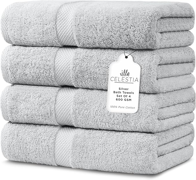 600 GSM Premium Light Grey Bath Towel, 100% Cotton Towels for Bathroom, Silver Soft Bath Towels, Body Towels Silver Towel Set for Bathroom 27x54 Inc Lt. Grey Bath Towels Set of 4