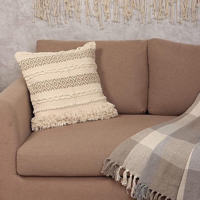 REDEARTH · Boho Textured Throw Pillow Cushion Covers - Woven Tufted Decorative Farmhouse Cases Set for Couch - Sofa - Farmhouse - Chair - Dining - Patio - 100% Cotton (18x18 ; Natural) Pack of 2