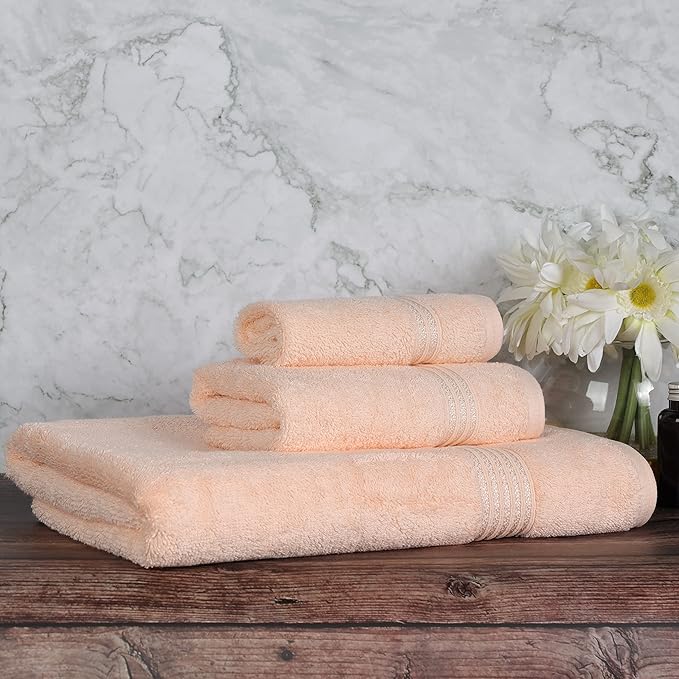 Superior Egyptian Cotton 3-Piece Towel Set, Basic Towels For Bathroom, Home Decor, Guest Bath, Shower, Apartment, Included 1 Face, 1 Hand, 1 Bath Towel, Washcloth, Quick Dry, Peach