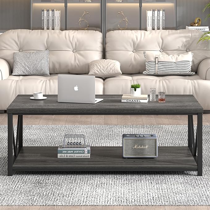 FOLUBAN Industrial Coffee Table with Storage Shelf, Modern Rustic Wooden and Metal Rectangle Center Table for Living Room, Dark Gray, 47 Inch