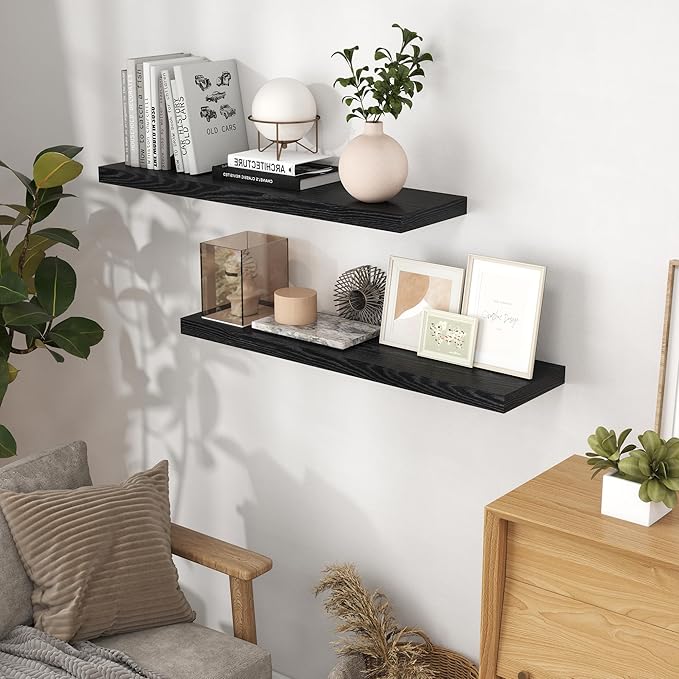 Fun Memories 40 Inch Black Floating Shelves, 9 Inch Deep Floating Shelves Wall Mounted, Rustic Wood Wall Shelves 40 x 9, Deep Wall Shelf for Bedroom, Living Room, Kitchen Storage & Display, Set of 2