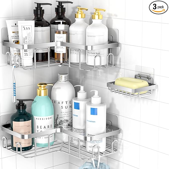 Moforoco Corner Shower Caddy Shelf Organizer Rack, Self Adhesive Black Bathroom Shelves Basket, Home Farmhouse Wall Inside Organization and Storage Decor Rv Accessories, Apartment Essentials