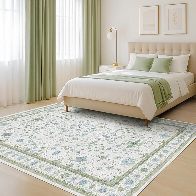 Cream Oushak 6x9 Bedroom Rug - Boho Floral Cool Blue and Green, Washable Low Pile Non-Slip Ultra-Thin Large Area Rugs for Bed Room, Living Room, Playroom