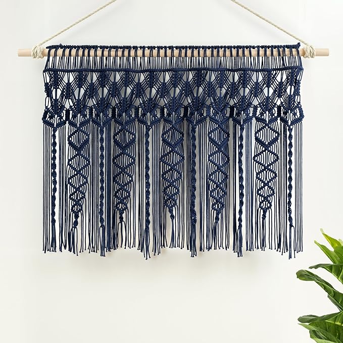 Lush Decor Boho Macrame Textured Cotton Valance, 40" W x 30" L, Navy - Boho Kitchen Curtains & Wall Decor - Macrame Valance - Bathroom Window Curtains