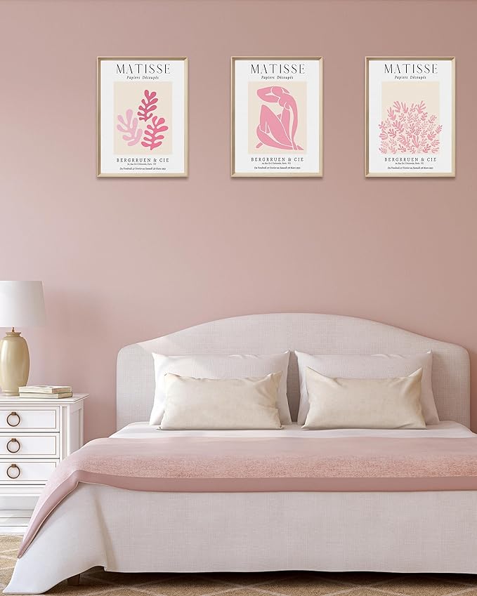 Framed Matisse Pink Canvas Wall Art,Abstract Matisse Canvas Wall Decor,16x12IN High Framed Wood Design Prints,Minimalist Wood Frame Posters for Living Room,Bedroom,Bathroom Set of 3
