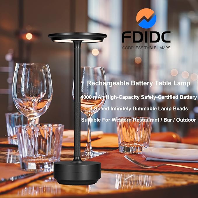 Cordless Table Lamps, Portable Rechargeable LED Battery Powered Touch Table Light, 3 Color Stepless Dimming Modern Metal Table Lamp, for Home/Bedroom/Restaurant/Reading(Black)
