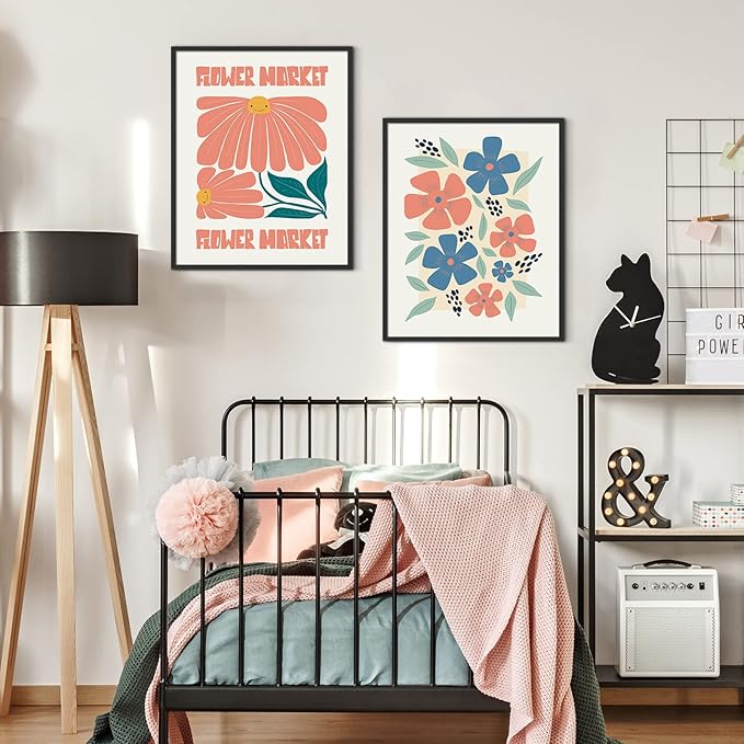 Habseligkeit Pink Flower Market Posters for Room Decor, Abstract Floral Wall Art Prints, Minimalist Wall Decor, Vintage Posters for Girls Room Aesthetic (8x10 UNFRAMED Set of 6)