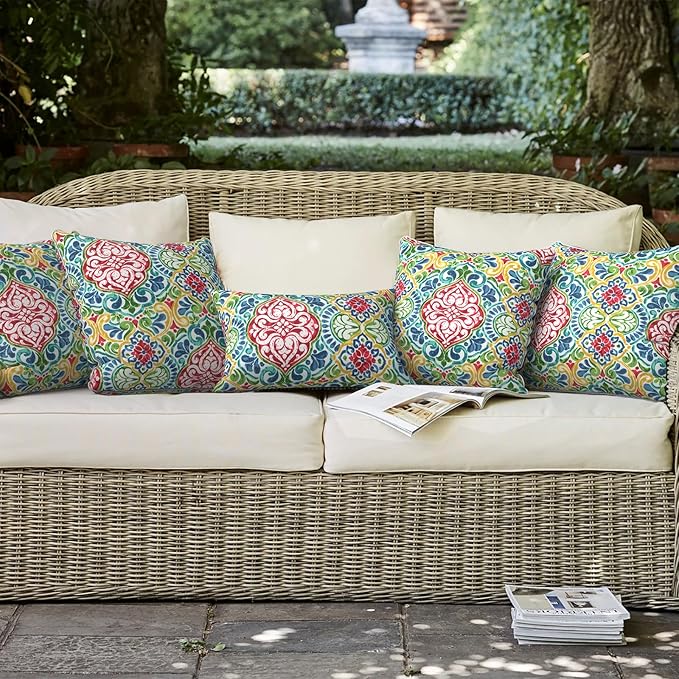 LVTXIII Outdoor Throw Pillow Covers Pack of 2 Patio Waterproof Pillow Cases Fade Resistant Accent Pillow Covers for Home and Garden Furniture Decoration, 18"x18", Damask Red