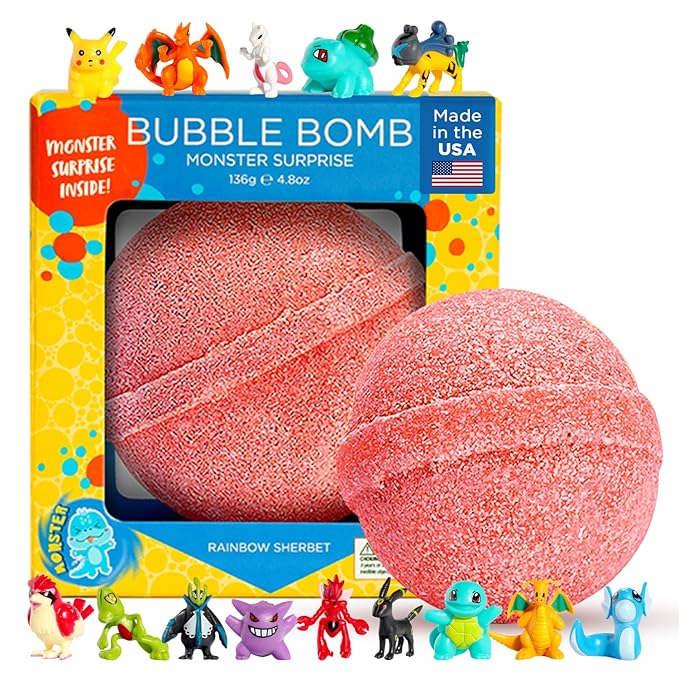 Poke Monster Bath Bomb for Kids with Surprise Toys Inside (Gift Set) - Large Bubble Bath Bombs for Boys & Girls - Skin-Safe, Made in USA, Fruity Scents, Birthday Gift by Two Sisters