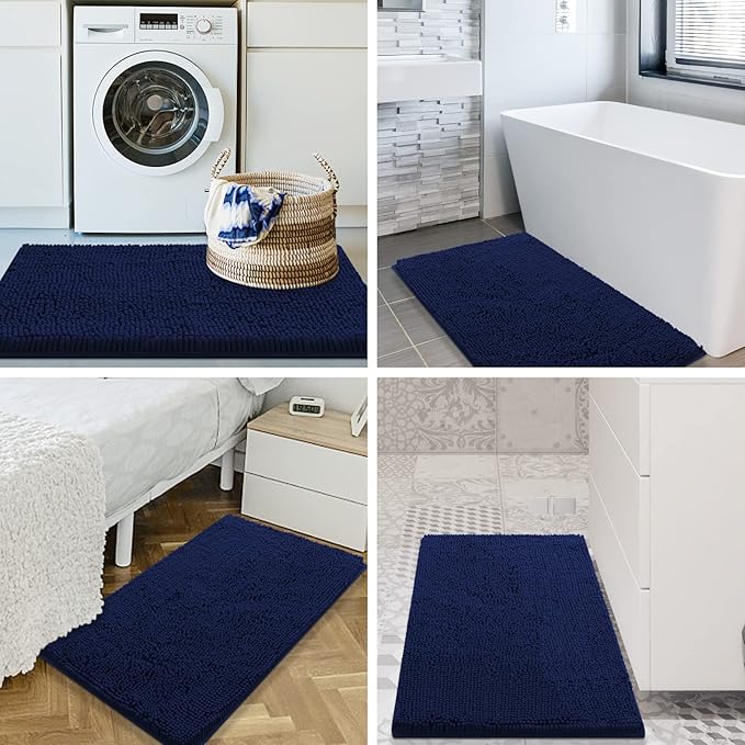 Smiry Luxury Chenille Bathroom Rugs 44x24, Extra Soft and Absorbent Shaggy Bath Mat, Machine Washable, Non-Slip Plush Carpet Runner for Tub, Shower, and Floor, Home Decor Accessories, Navy Blue