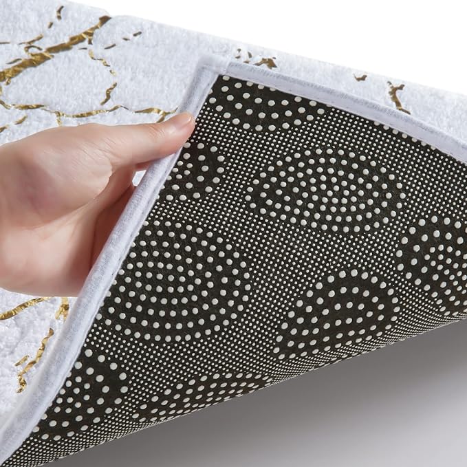 QJHOMO Marble Bathroom Rug White and Gold Decor Bathroom Rugs Non Slip Bath Mat Super Absorbent Microfiber Plush Bathmat Machine Washable Floor Carpet for Tub, Shower, Bedroom 16"x24"