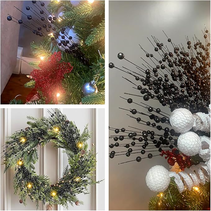 CATTREE Artificial Glitter Berry Stem Decorative, Fake Glitter Sticks Bead Pick Stems for Halloween Christmas Glittery Twigs Xmas Tree Wreath Crafts Vase Filler Home DIY Decor - 17 Inch Black 10 Pack
