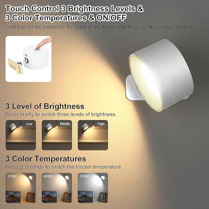 Lightess 2PC LED Wall Sconces, 19 Colors Dimmable Wall Mounted Lamp with Rechargeable Battery Operated USB, 360°Rotate Magnetic Ball, Touch & Remote Control, Cordless Wall Light for Reading-White