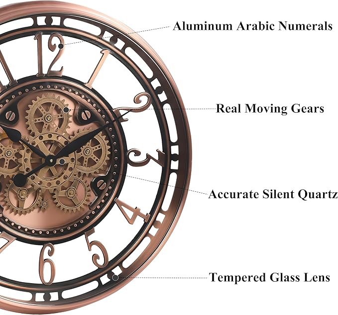 CLXEAST 28 Inch Oversized Large Moving Gear Wall Clock for Living Room Decor,Modern Farmhouse Decorative Wall Clocks Battery Operated,Rose Gold,House Warming Gifts New Home