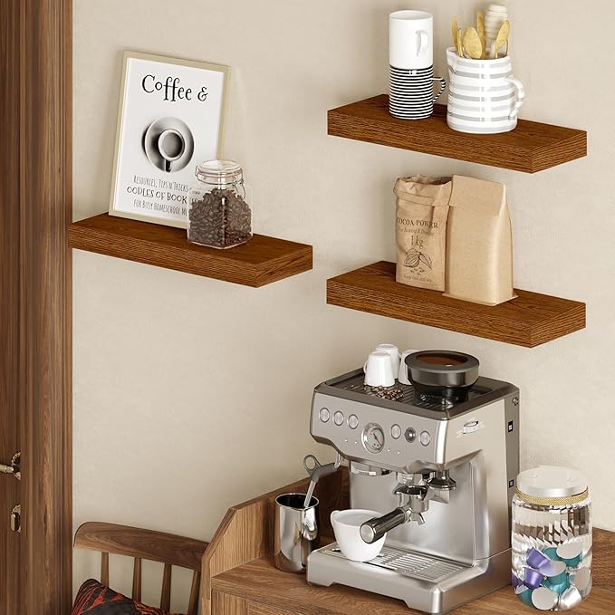 BAMEOS Floating Shelves, 16x6 American Oak Wall Mounted Wooden Shelves with Invisible Brackets Set of 3, Hanging Wall Shelves Decoration for Bedroom, Bathroom, Living Room and Kitchen