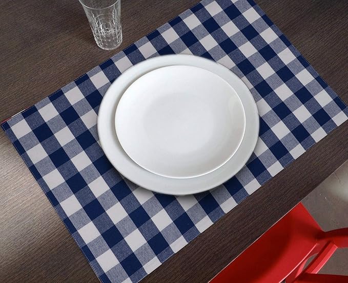 Urban VillaPlacemats for Dining Table 100% Cotton Placemats 14''x20'' Over Sized Tablemats Set of 6 Placemats Blue/White Buffalo Check Tablemats for Family Dinners Wedding PartiesPlacemats