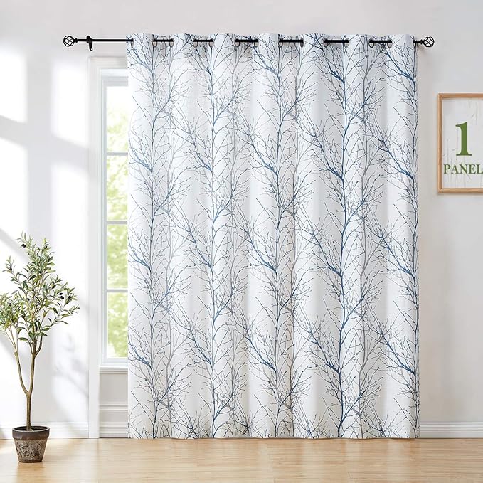 FMFUNCTEX Blue White Sliding Glass Door Curtain 84 Inches Long Branch Tree Print 100 Inch Extra Wide Linen Semi Sheer White Grommet Curtain for Living Room Patio Door Room Divider Curtain 1 Panel