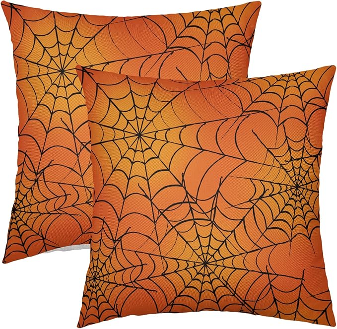 Halloween Spiderweb Pillow Covers 16x16 Set of 2 Orange Black Spider Web Outdoor Decorative Throw Pillows Halloween Scary Themed Farmhouse Pillowcases Linen Cushion Case Decor for Home Sofa Couch Bed
