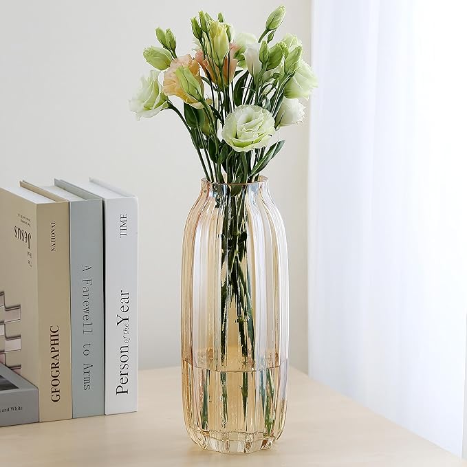 Large Amber Glass Vase for Flowers Brown Tall Glass Vases,H-12.6" Simple Striped Design for Home Floor Decor,Farmhouse Decor, Centerpiece Coffee Table Decorations