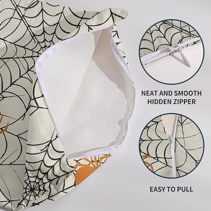 Halloween Spiderweb Pillow Covers 18x18 Set of 2 Cream Black Spider Web Orange Spider Outdoor Decorative Throw Pillows Scary Farmhouse Pillowcases Linen Cushion Case Decor for Home Sofa Couch Bed