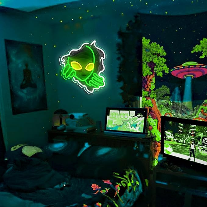 Alien Neon Sign,Dimmable Green Alien Led Neon Lights for Wall Decor Game Room Home Bar Party Bedroom Man Cave Decor,USB Powered Alien Light up Sign Gifts for Kids Teen Boy Room Decor