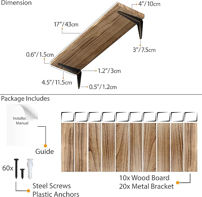 Wallniture Arras Wood Floating Shelves for Wall Storage, Small Bookshelf Set of 10, Hanging Book Shelves for Living Room, Bedroom, Office, Burned Finish