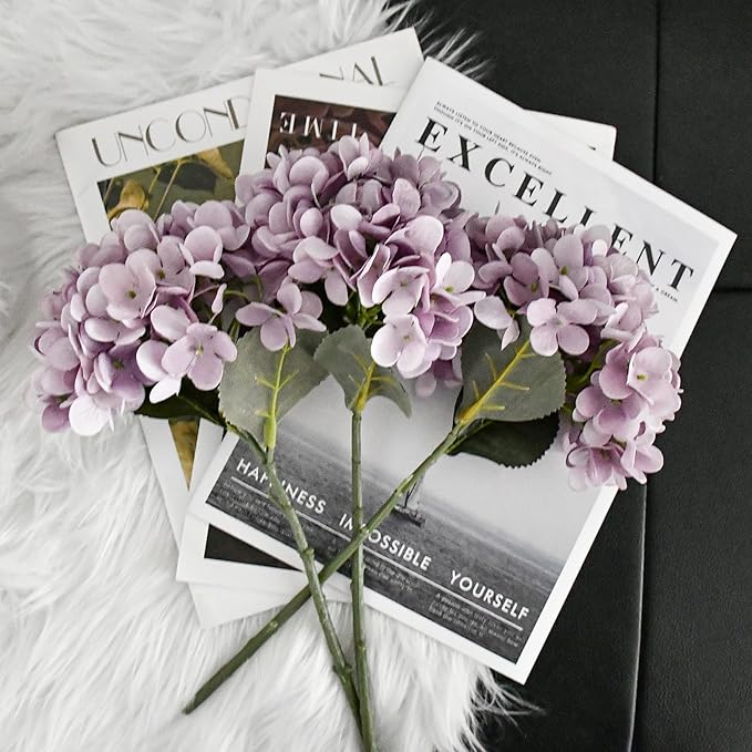 Mandy's 3 Stems Light Purple Artificial Hydrangea Flowers – 13.7” Realistic Silk Bouquet for Centerpieces, Wedding & Home Decor
