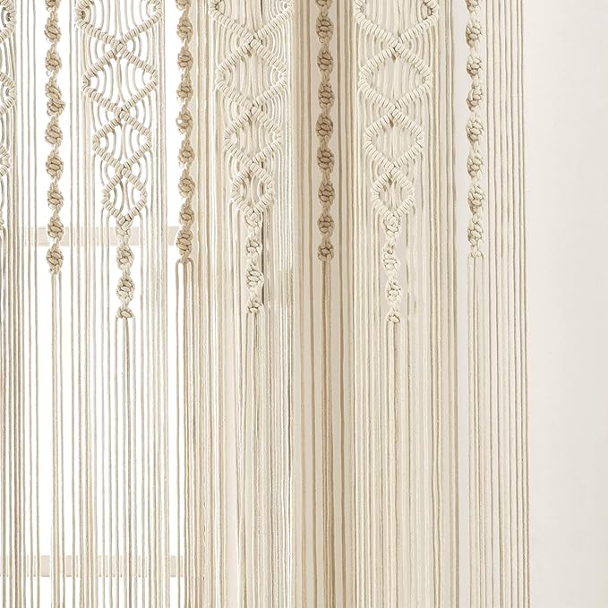 Lush Decor Boho Macrame Textured Cotton Window Curtain Panel, 40" W x 95" L, Neutral Room Divider - Wedding Or Wall Decor