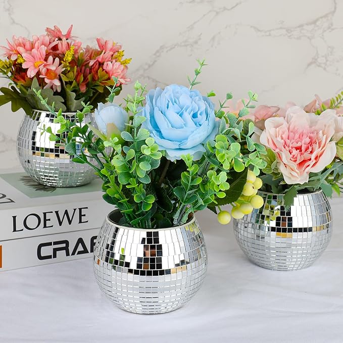 Disco Ball Planter, Disco Ball Vase, Flower Pot Containers with Silver Mirror Glass for Wedding, Birthday, Party, Bar, Office (Silver, 3 * 4 * 4 inch)