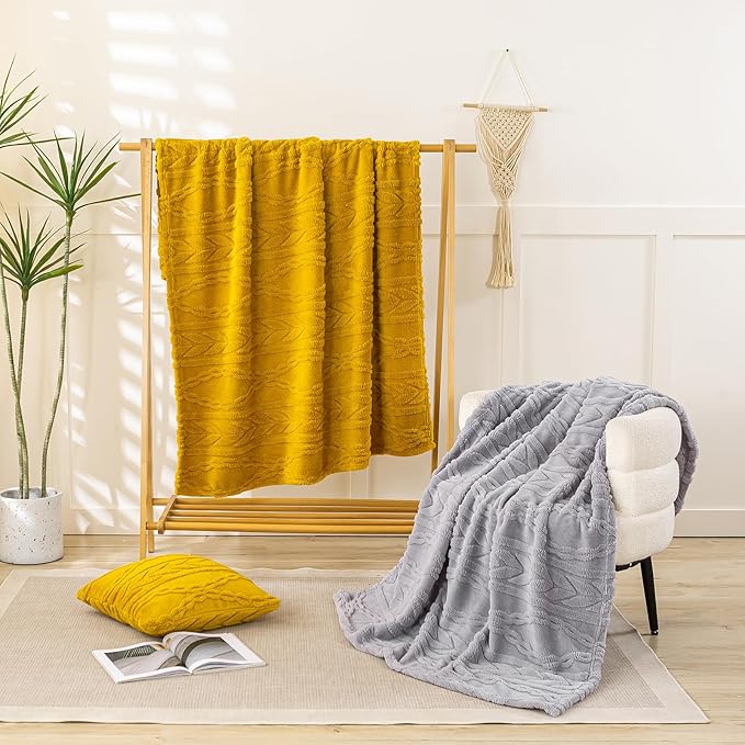 YUSOKI Sherpa Throw Blanket(Without Pillows)-3D Stylish Design Super Soft Cozy Blanket Thick Plush Fluffy Blankets for Teen Girls Women Couch Bed Sofa Chair Men Boys Gift(Mustard Yellow,50"x65")