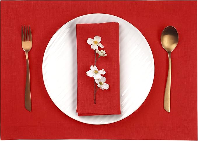 D'Moksha Homes Linen Placemats 14 x 19 Inch - Bright Red Placemats Set of 4-100% Pure Linen Table Place Mats for Summer - Handcrafted and Machine Washable