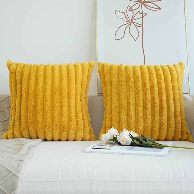 JOJUSIS Pack of 2 Faux Fur Plush Decorative Throw Pillow Covers Couch Cushion Case Soft Pillowcases (Mustard Yellow, 16 x 16-Inch)