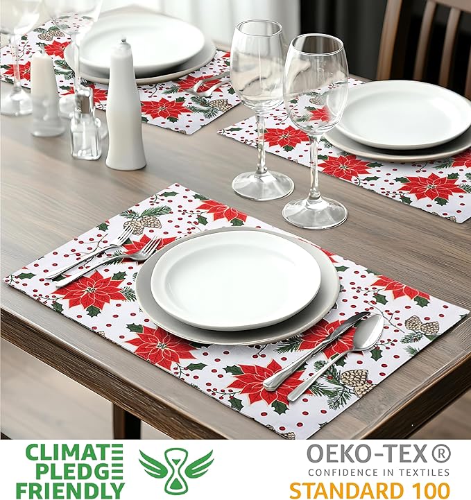 Urban Villa ChristmasPlacemats Pine Cone Print 100% Cotton Fused Placemats 14''x 20'' Over Sized Set of 6 Every Day Use Heavier QualityPlacemats