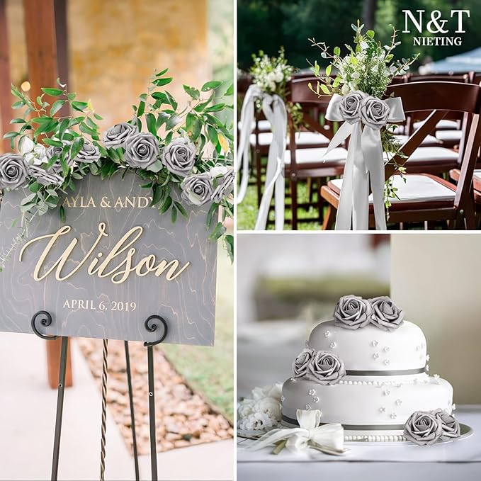 N&T NIETING Artificial Flowers, Fake Flowers Roses Perfect for DIY Wedding Bridal Bouquets Centerpieces Bridal Shower Party Home Flower Arrangement Decorations, 25Pcs, Silver Gray