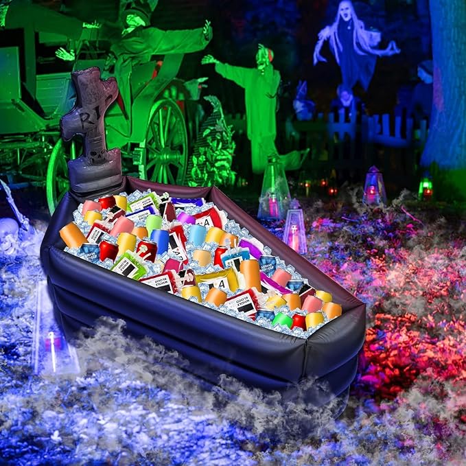 TURNMEON 43 Inch Halloween Inflatable Tombstone Coffin Drink Cooler 100+ Cans Large Capacity Halloween Party Decorations Indoor Outdoor Home Party Supplies Inflatable Serving Bar Food Drink Container
