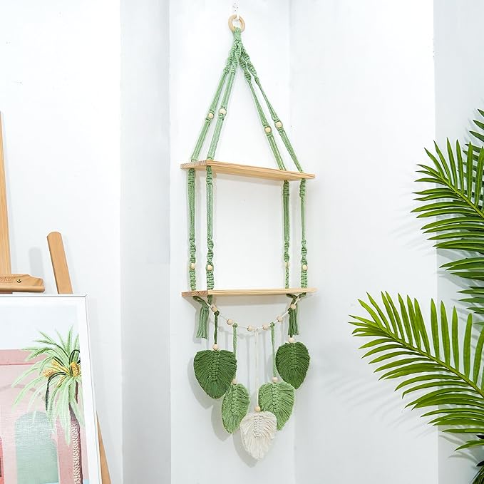 Macrame Wall Hanging 2-Tier Shelf, Boho Floating Wooden Shelves with Green Woven Rope and Leaf Decor,Plant Display for Bedroom, Dorm, Nursery, Living Room, and Bathroom Wall Decor