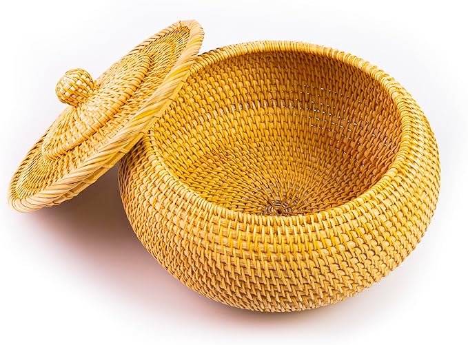 Hand-Woven Round Rattan Storage Basket with Lid – 8.6x5.1 Inch Durable Wicker Box for Picnic, Decoration, and Multi-Purpose Storage – Eco-Friendly Craftsmanship