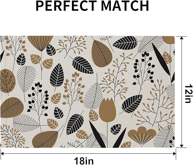 QIYI Boho Placemats Set of 6, 12x18 Inch Linen Fabric Place Mats for Kitchen Dinning, Farmhouse Rustic Graphic Leaves Cloth Table Mats, Brown Washable Placemat Party Table Décor, Botanical Line Art