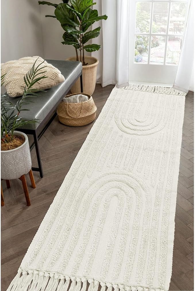 LEEVAN Runner Rug - 2.6x10Ft Hand Woven Living Room & Kitchen Runner Boho Dining Room Mat Rainbow Bedside Mat Cotton Tassel Area Rug - Machine Washable - Perfect for Playroom, Entryway, Hallway