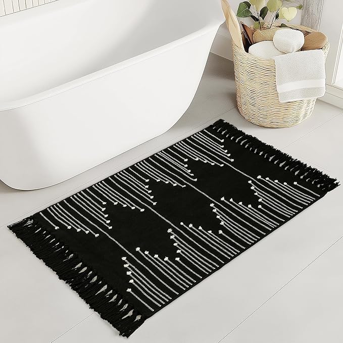 Tritard Boho Entryway Rug 2x3 - Washable Woven Cotton Indoor Throw Rugs with Tassel, Small Aztec Bathroom Kitchen Area Rug Farmhouse Bath Door Mat Low Pile for Doorway, Laundry, Black and White