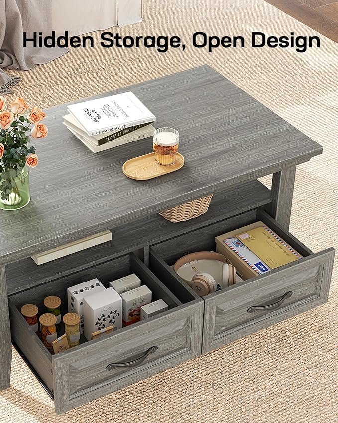 Marsail Farmhouse Coffee Table with Storage, 39.4" Wood Coffee Table for Living Room, Rustic Center Table with 2 Drawers, Open Display Area, Grey