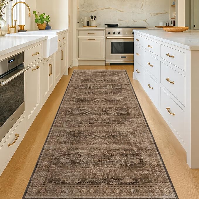 Brown Earthy Boho Washable 3x10 Extra Long Hallway Runner Rug, Waterproof Large Kitchen Floor Rug Indoor, Non-Slip Stain & Fade Resistant, Vintage Dark Taupe Decor